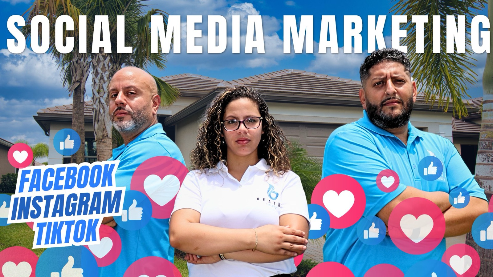 Social media marketing banner with three people in blue and white shirts, surrounded by like and heart icons, promoting Facebook, Instagram, and TikTok.
